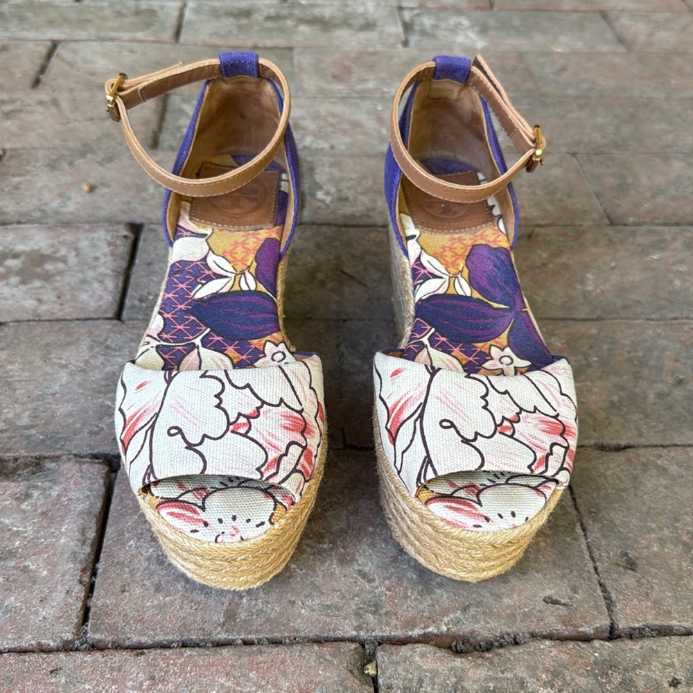 Tory Burch Floral Canvas Espadrille Wedge Sandals in Purple, Pink, Tan